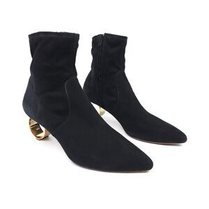 Loeffler Randall Kassidy Black Suede Gold Bootie Heeled Ankle Boot Clean Girl
